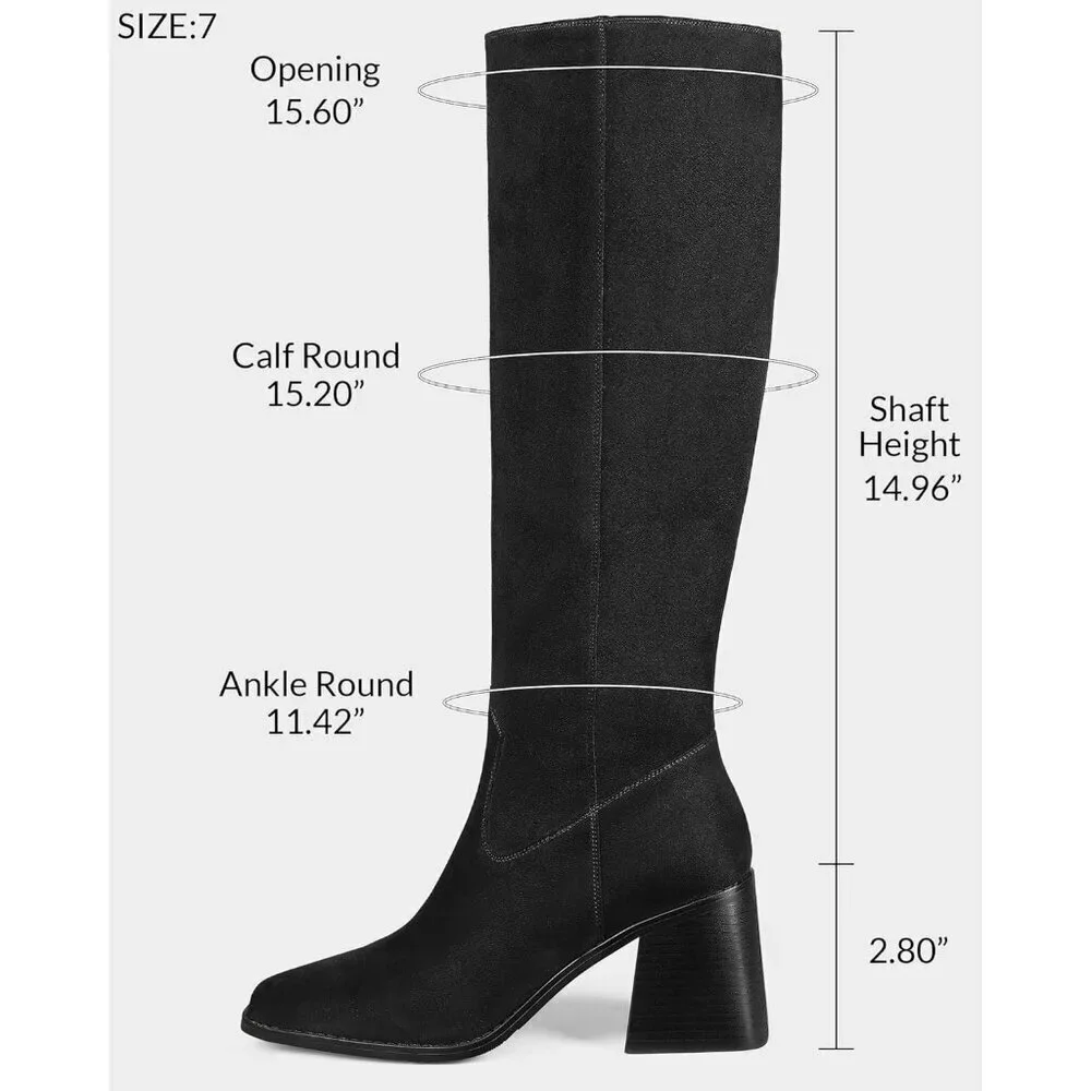 Women Black Polyurethane Knee High Square Toe Side Zipper Block Heel Tall Boots